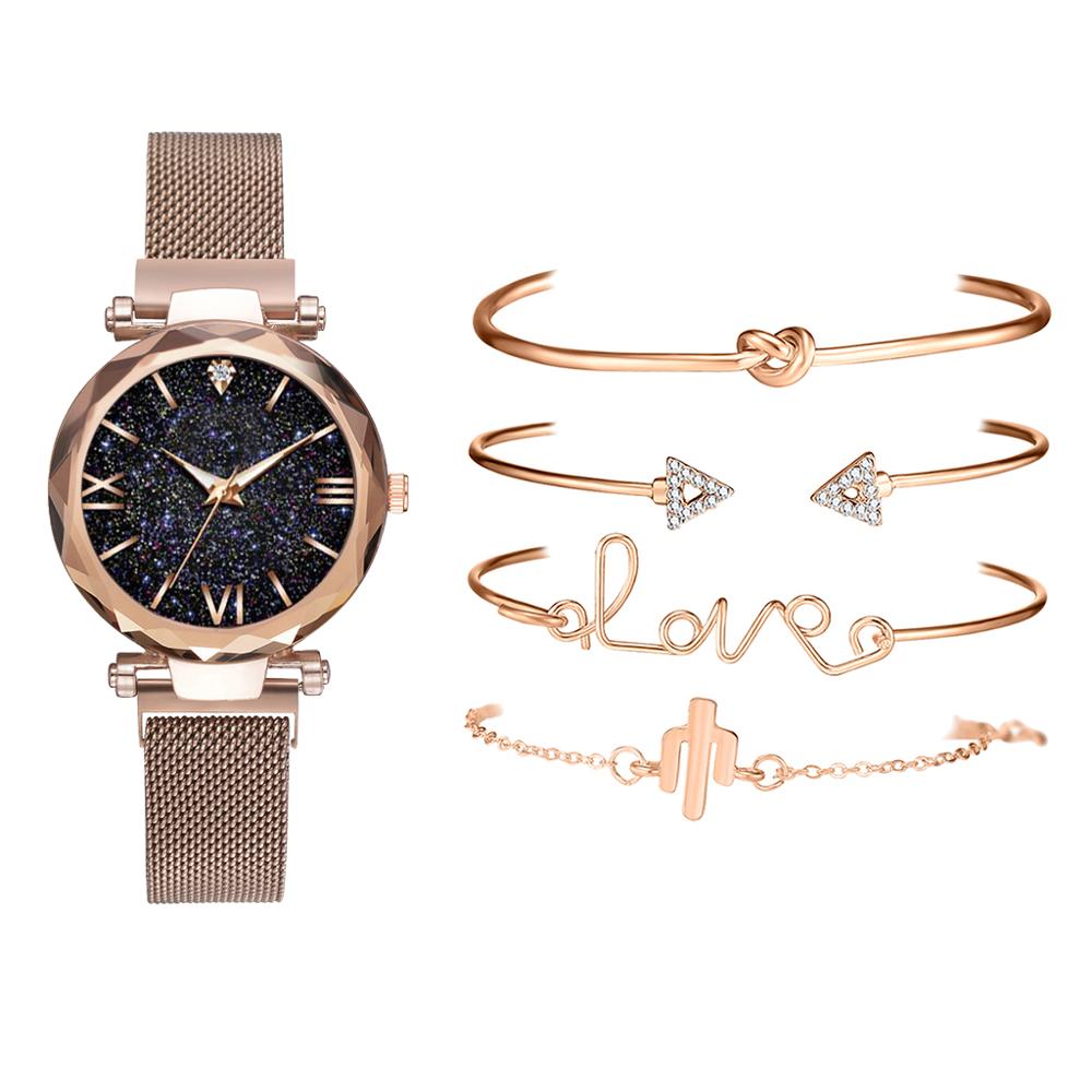 Luxury Brand Rose Gold Starry Sky Dial Watches Women Ladies Crystal Bracelet Quartz Wrist Watch 5 PCS Set Relogio Feminino - Image 4